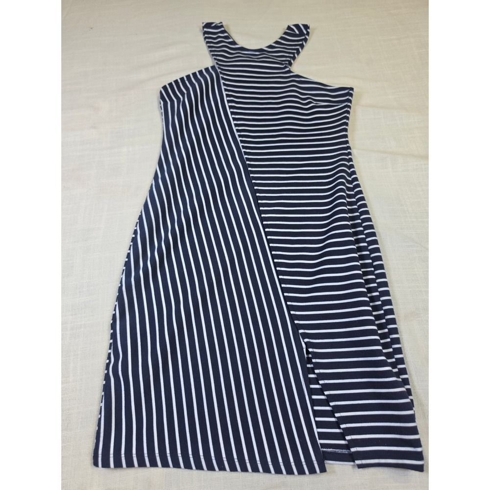 Zara Trafaluc Coastal Navy & White Striped Asymmetrical Halter Mini Dress Wms M